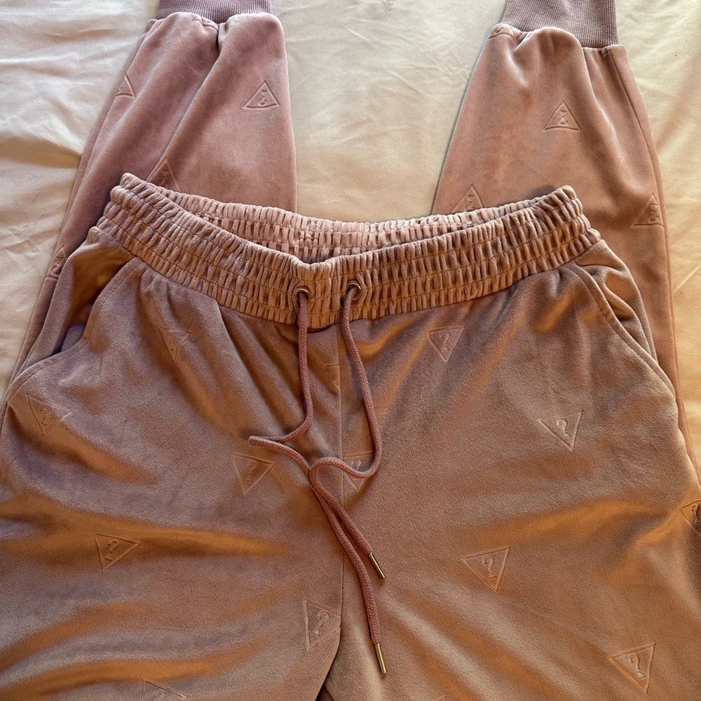 GUESS Velour Logo Joggers Mauve Pink Drawstring Sweatpants Size M